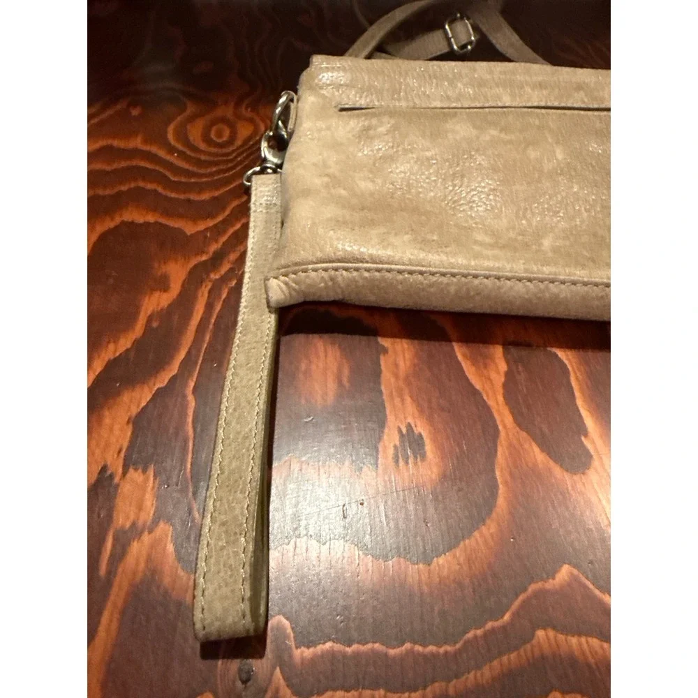 Latico NJ-USA Leather Crossbody Bag Metallic Taupe Foldover Flap Small Handbag